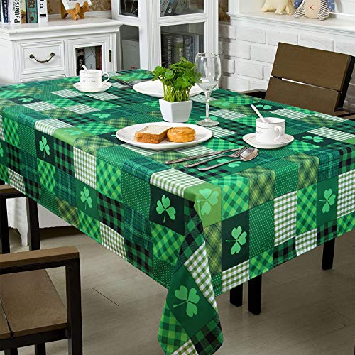 St. Patrick’s Day Tablecloth, Green Lucky Shamrock Table Cloth, Buffalo Plaid Checkered Tablecloths, Four Leaf Clovers Waterproof Tablecloth Rectangle for Dinner Party Decoration, 60 x 84 inch