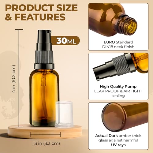3 Pack Empty Refillable Glass Amber Pump Bottle Ideal for Lotion Cream Essential Oil Travel Small Container, 30ml2