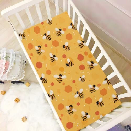 Image of Crib Sheet Breathable Soft Crib Mattress Sheet for Baby Toddler Boys Girls Fitted Pack n Play Crib Sheet Fit Standard Crib Mattress 39 x 27 Inch Orange Honeycomb Hexagon Bee