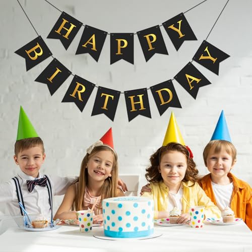 Image of Happy Birthday Banner Party Banner NO DIY Birthday Sign Black and Gold