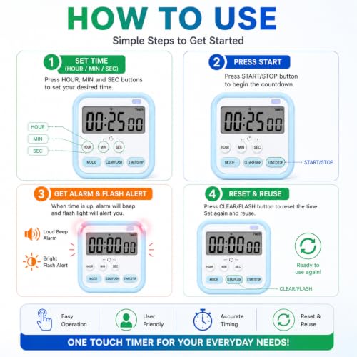 Image of Timer Clock for Study, Stopwatch for Study, Digital Alarm Clock with Large LCD Display, Magnetic Kitchen Timer, Countdown & Stopwatch Timer, Digital Clock for Table, Adjustable Stand (Blue)