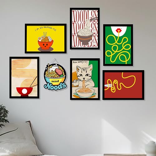 Image of PAINTINGMANTRA Ramen & Noodle Wall Art Framed Painting Kitchen Food Illustration & Typography Painting with Frame Dining & Cafe Wall Decor for Restaurant, Home & Bar Set of 7 (1 MDF wall Hanging), 9x13 Inch