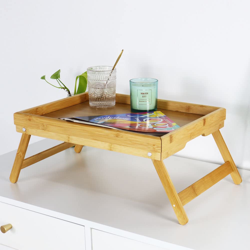 WKWKER Bambus Frühstückstabletts Mit Klappbaren Beinen Portable Bett Tablett Tisch Snack Servierplatten Tablett (Natürlich)