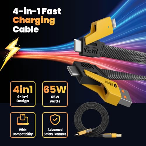 Image of Elfora 4 in 1 Braided Fast Charging Cable 65W | Quad 1.5m Rugged Design Multiport | Type C to USB A | Compatible for iPhones, iPads, Tablets, MacBooks and Android Devices -Black