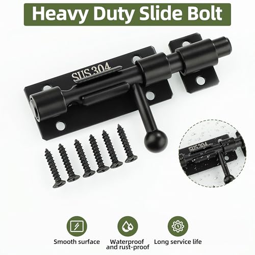 Image of Alise 4 Inch Slide Lock SUS304 Stainless Steel Gate Latch, Slide Bolt Latch,Thickened Heavy Door Latch Lock, Black Barrel Bolt Latch, Security Slide Latch Lock for Outdoor Fence,Window,Shed Door