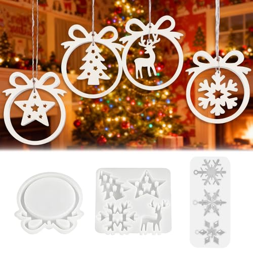 Galenecx 3 peças moldes de silicone para o Natal, moldes de silicone, molde para velas, design natalício, pingente de decoração para floco de neve, árvore de Natal, estrelas, alces