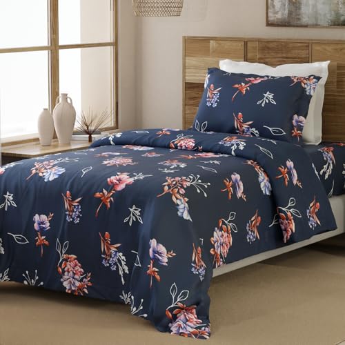 Image of Layers Emaline 100% Cotton Single Bedsheet Set (Oeko Tex Certified) | 1 Single Cotton Bedsheet & 1 Pillow Cover | Breathable & Anti-Wrinkle | 144 TC | (Floral Print, Blue)