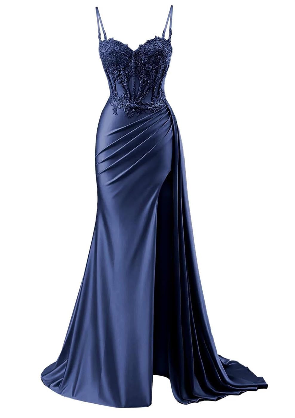 Kiyne Women's Navy Blue Satin Prom Dresses With Lace Applique Side Slit Spaghetti Strap Graduation Party Gown Wedding Dress Uk8