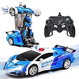 New Police RC Car Transforming Robot Toy for 6-16 Yrs Old Kid Remote Control Vehicle One Button Deformation & 360 Speed Drifting Cool Police Car Toy Best Present for Boys (Police Blue)