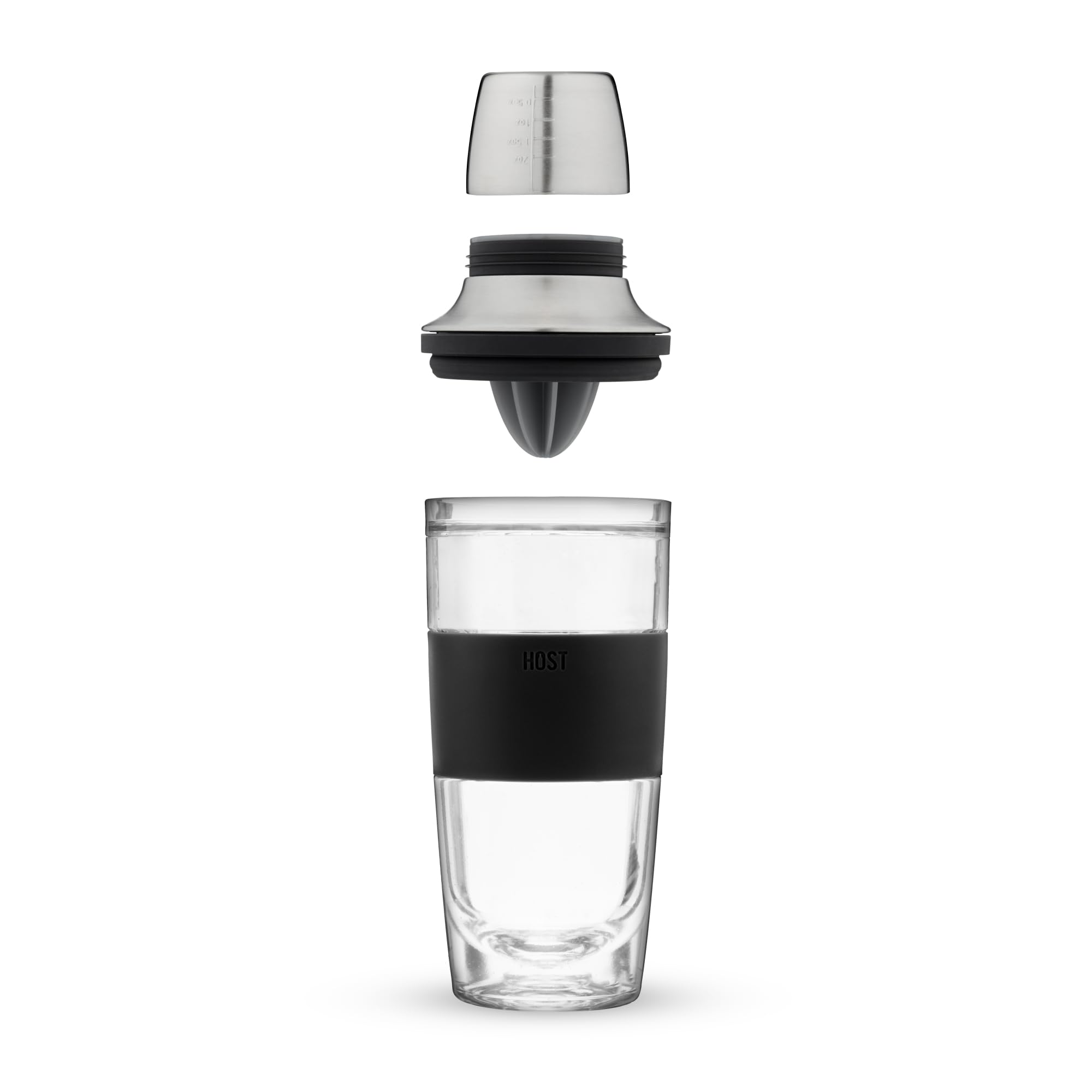 HOST Shaker per cocktail FREEZE Tazza a doppia parete con alesatore di agrumi, tappo jigger in acciaio inossidabile, filtro e gel rinfrescante attivo, set da bar nero, 590 ml, grigio