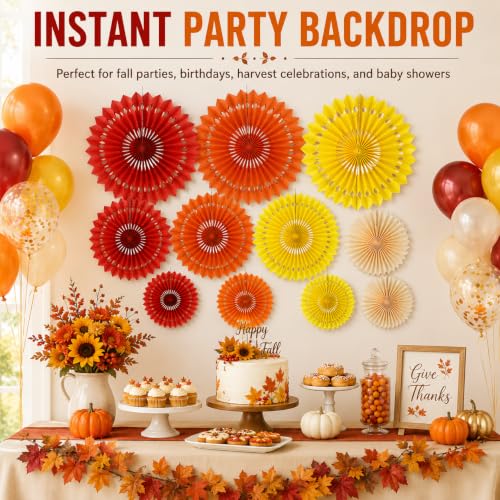 Image of Fall Hanging Honeycomb Round Paper Fans Decoration Autumn Pumpkin Theme Tissue Paper Fan Garland for Shower Birthday Graduation Wedding Party Supplies 11 Count