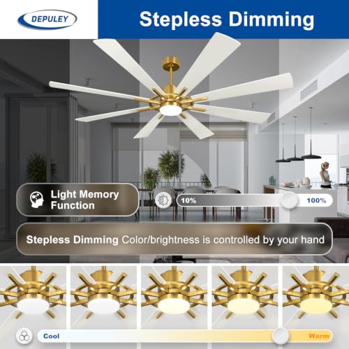 Image of Depuley 72-Inch Ceiling Fan with Light: Modern 8-Blade White and Gold Indoor Outdoor Fans with Remote App Control Dimmable Light - Ultra Quiet DC Motor Reversible 6 Speed Timer