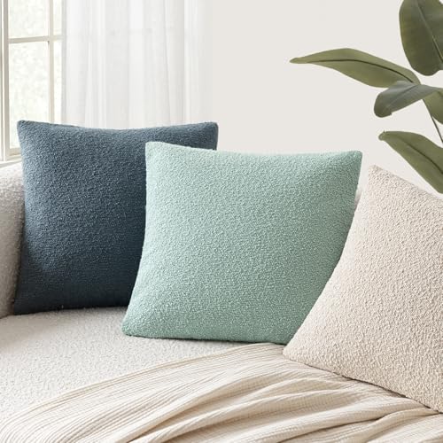 Image of Foindtower Pack of 2, Decorative Textured Boucle Throw Pillow Covers Neutral Accent Solid Pillow Cases Cozy Soft Couch Cushion Case for Chair Sofa Bedroom Living Room Home Decor 22x22 Inch Aqua Blue