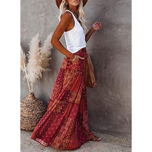 BLENCOT Gonna Donna Vintage Maxi Gonna con Tasche Stampa Floreale Gonna Estiva Casual Gonna a Pieghe Gonna da Spiaggia Gonna Lunga Estiva a Vita Alta Bohemia S-XL