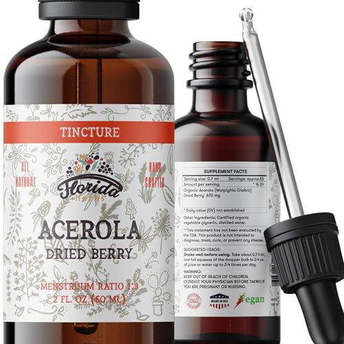 Florida Herbs Acerola Tincture (Vitamin C), Organic Acerola Extract (Malpighia Glabra) Dried Berry for Blood, Heart, Arteries, Non-GMO in Cold-Pressed Organic Vegetable Glycerin, Supplements