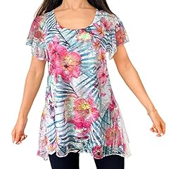 Flutter Short Sleeve - Bright Colorful Tropical Floral/White Stretch Lace