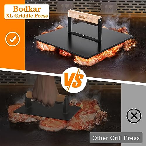 bodkar XL Griddle Press 9.7-inch, Heavy Duty Grill Meat Press Non-Stick Smooth for Evenly Cooked Steak,Bacon,Burger,Sandwiche with Wood Handle