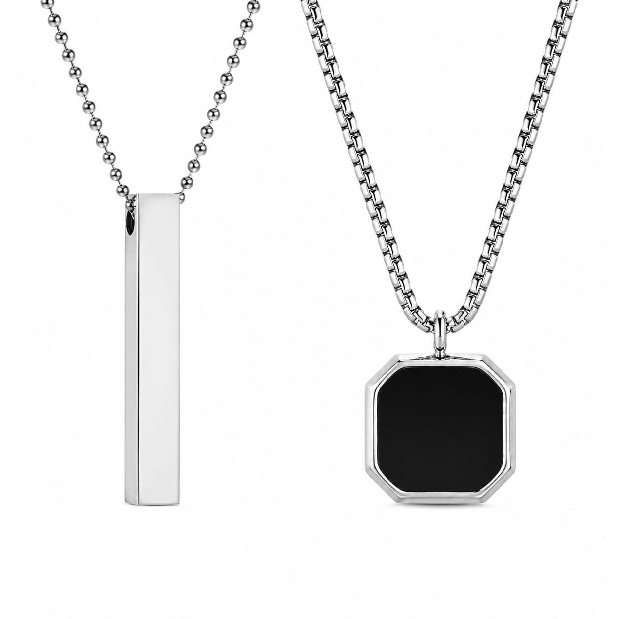 men’s stainless steel necklace set, silver bar pendant with ball chain, black octagon pendant with box chain, fashion neck accessories for men