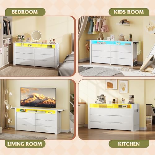 WLIVE 78 Inch Dresser for Bedroom, Large Chest of Drawers Expandable White Wood Dresser from 5'3" to 6'5'' with Flexible Shelves and Hanging Rack, Led Dressers for Living Room (85'' TV)