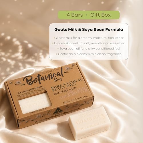 Image of Australian Botanical Soap Goat Milk Soap Bars, 6.6 oz, Pack of 4, Gift Box | Gift-Boxed Set of 4 Goat Milk Soap Bars, Made with Soya Bean Oil and Organic Shea Butter, Suitable for All Skin Types