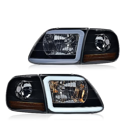 Image of GRAND ORANGE Lightning Style Headlights Assembly LED DRL strip Compatible with 1997-2002 Ford Expedition /1997-2004 F150 /1997-1999 F250 Headlamps Smoke Lens Black Housing Amber Reflector