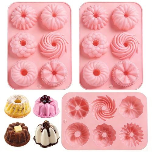 xzhouhe 3 Pièces Mini Moule à Kouglof en Silicone, Moule à Donuts, 6 Formes Différentes de Motifs de Rainures, pour la Cuisson Gâteaux, Desserts, Chocolat, Gelée
