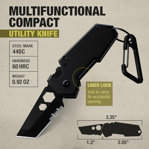 Image of Mini Keychain Knife with Carabiner - 1.3 inch Tanto Serrated Blade - 6 in 1 Black Multitool - Bottle Opener Box Cutter Liner Lock - EDC Gadgets - Legal Folding Small Pocket Knives for Men Women 2248 MB