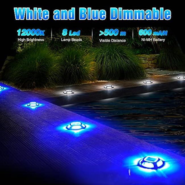 Solar Driveway Lights with 2 Color Modes, IP68 Waterproof Solar Deck Lights 10 Pack, Outdoor LED Solar Dock Lights Marine Marker Lights for Step, Sidewalk, Pathway, Patio, Garden (Blue/White)