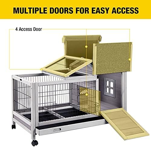 Aivituvin Rabbit Cage Indoor for 1-2 Bunnies, 6.6ft² Wooden Outdoor Rabbit Hutch, Small Bunny House, Guinea Pig Cage with Leakproof Pull Out Tray, 4 Wheels and Removable Wire Floor Grid