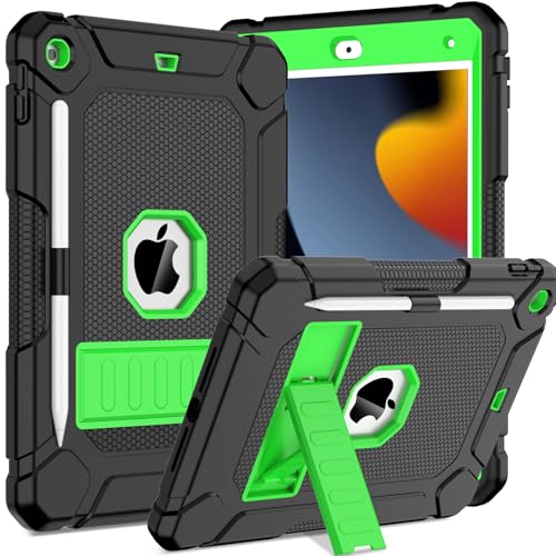 Coque iPad 10.2 antichoc avec support et porte-crayon pour iPad 9 / 8 / 7 génération - Noir Vert