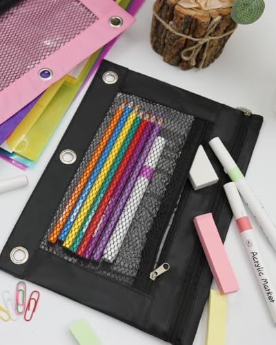 Image of 3 Ring Pencil Pouch for Binder, 2-Pocket Zipper Pencil Case with Clear Window & Mesh Pocket, Heavy Duty 600D Oxford Fabric Binder Pouch for School Office Supplies (Jet Black)
