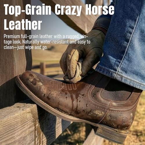 Image of Chelsea Cowboy Boots for Men Western Square Toe Leather Dress Casual Work Ankle Boots Brown