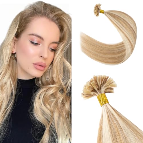 100 Mèches Rajout Cheveux Humains Naturels 1g/mèche - #12P613 Marron Clair & Blond Très Clair - 60CM Extension Kératine Pose A Chaud