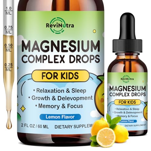Image of Magnesium Glycinate Liquid for Kids, Kids Magnesium Liquid Drops Supplement with L-Theanine, Calcium, Zinc, Vitamin D3 K2 for Sleep Calm Relaxation Brain Bones Focus, Lemon Flavor 2 Fl Oz