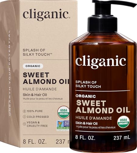 Image of Cliganic Organic Sweet Almond Oil, 100% Pure (8oz) - for Skin & Hair, Nourishing Carrier Oil for Face & Body