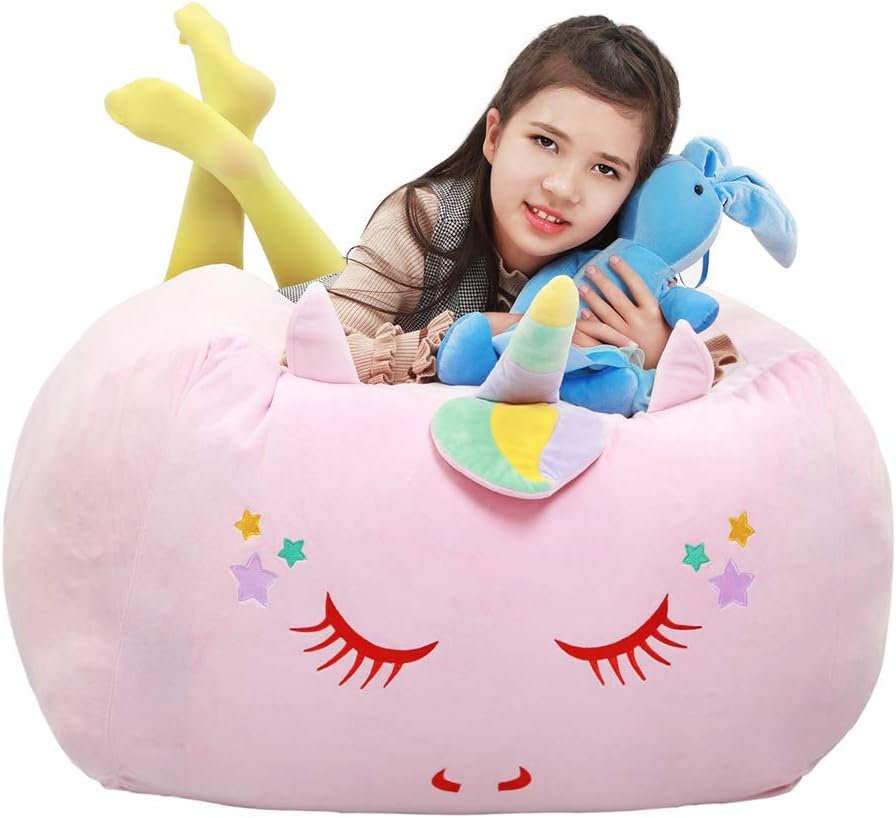 YoweentonVelvet Unicorn Stuffed Animal Storage Bag, 24x24 Inch, Pink, Zipper Closure, Bean Bag Chair, Durable, Luxury, Multi-functional