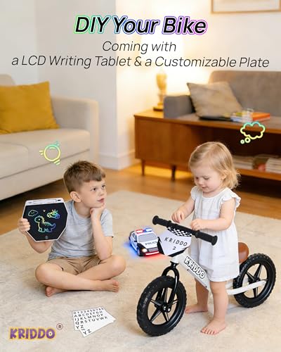 Image of KRIDDO Toddler Balance Bike 2 Years Old, 12-Inch Colorful Lighting-Up Push Bicycle with LCD Writing Tablet, Steady Balancing, Gift Bike for 2-5 Boys Girls, LED-White