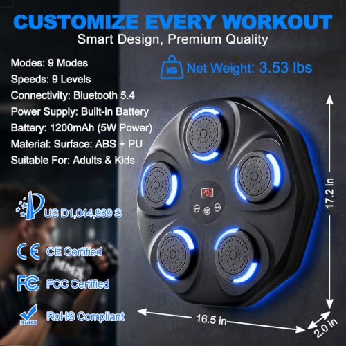 Image of Music Boxing Machine for Adults & Kids, Wall Mounted Bluetooth Boxing Trainer with Gloves, LED Rhythm Lights, Hit Counter, 9 Modes & 9 Speeds, Home Gym Fitness Equipment
