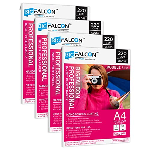 Image of BIGFALCON Professional A4 (8.5x11 inch) 220 GSM Double Sided Glossy Inkjet Photo Paper Premium Dual Sided Printing for Stunning Photos (Pack of 4-80 Sheets)