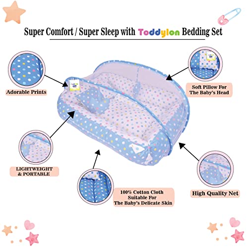 Image of Toddylon Baby Bed Bedding Set for New Born Baby Mattress with Mosquito Net & Pillow (0-12 Months) Blue