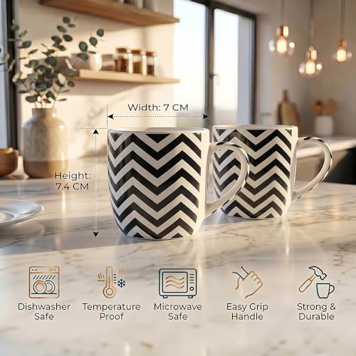 Image of UPC Coffee Mug Set of 6 | Black & White Bold Chevron Zigzag Print | Classic Stripe Wave Pattern |Tea & Coffee Cups | Microwave Safe | Modern Home & Kitchen