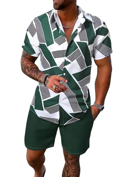 Men’s Printed Co-Ord Set | Plus Size Casual Shirt & Shorts Set | Nightwear Pajama Suit, Loungewear, Beachwear & Vacation Outfit Design No ME_NS Sky 02 Green-image-28