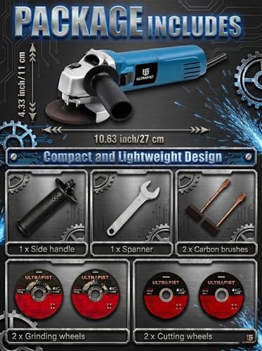 Image of Ultra Fist Silver 850W Angle Grinder 100mm /4 Inch, 11000 RPM Electric Hand Grinder with Metal Gear Housing, Spindle Lock, Auxiliary Side Handle, Spanner, Carbon Brushes & Cutting /Grinding Wheels