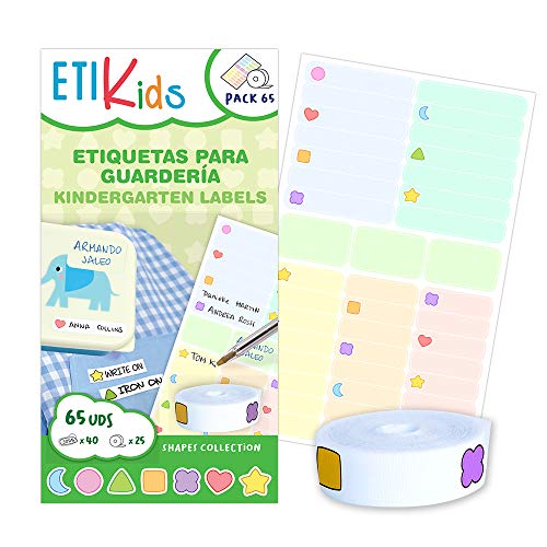 PACCHETTO ETIKIDS FUNNY ADESIVO: 40 adesivi + 25 etichette in tessuto termoadesivo con icone di forme divertenti (SHAPES)