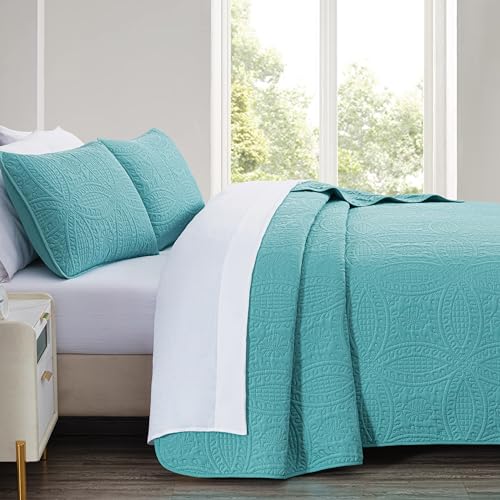 Image of Chezmoi Collection Austin 3-piece Oversized Bedspread Coverlet Set (Queen, Turquoise)
