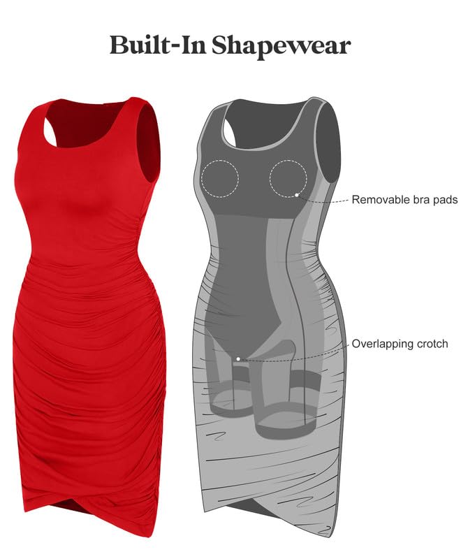 Popilush Mini Dresses for Women U-Neck Shapewear Tummy Control Bodycon Ruched Dress Party Club Date Night Going Out: Medium Red