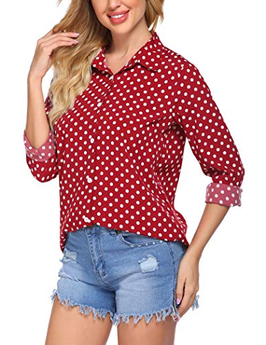 Zeagoo Polka Dots Blouse for Women Slim Fit Dress Shirt Business Casual Long Sleeve Shirts V Neck Chiffon Tops, Red, Large