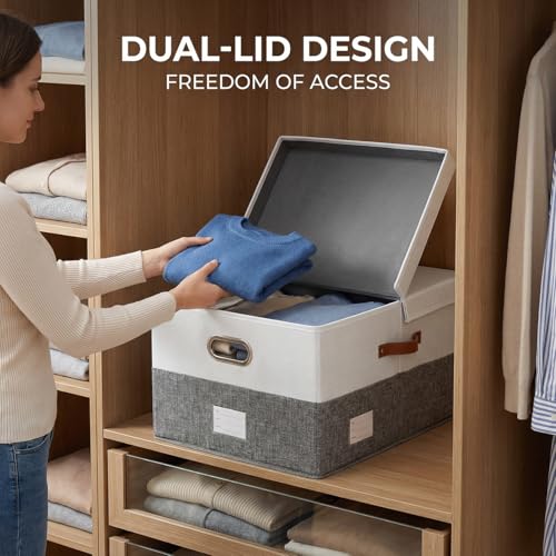 Image of PRANDOM Storage Bins with Lids [3-Pack] Linen Fabric Foldable Storage Boxes Organizer Containers Baskets Cube with Cover for Bedroom Closet Office Grey&White (23.4X15.9X11.4)