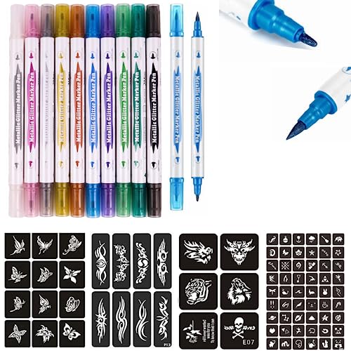 Temporary Tattoo Markers for Skin,10-Count Body Markers+80 Large Tattoo Stencils