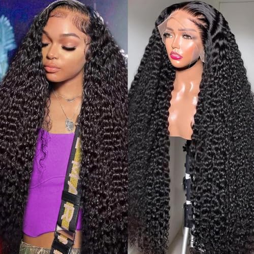 Image of LAINSS Deep Wave Lace Front Wigs Human Hair 13X6 HD Lace Frontal Wigs for Black Women Wet and Wavy Deep Curly Wig Human Hair Glueless Wigs Human Hair Pre Plucled 24Inch